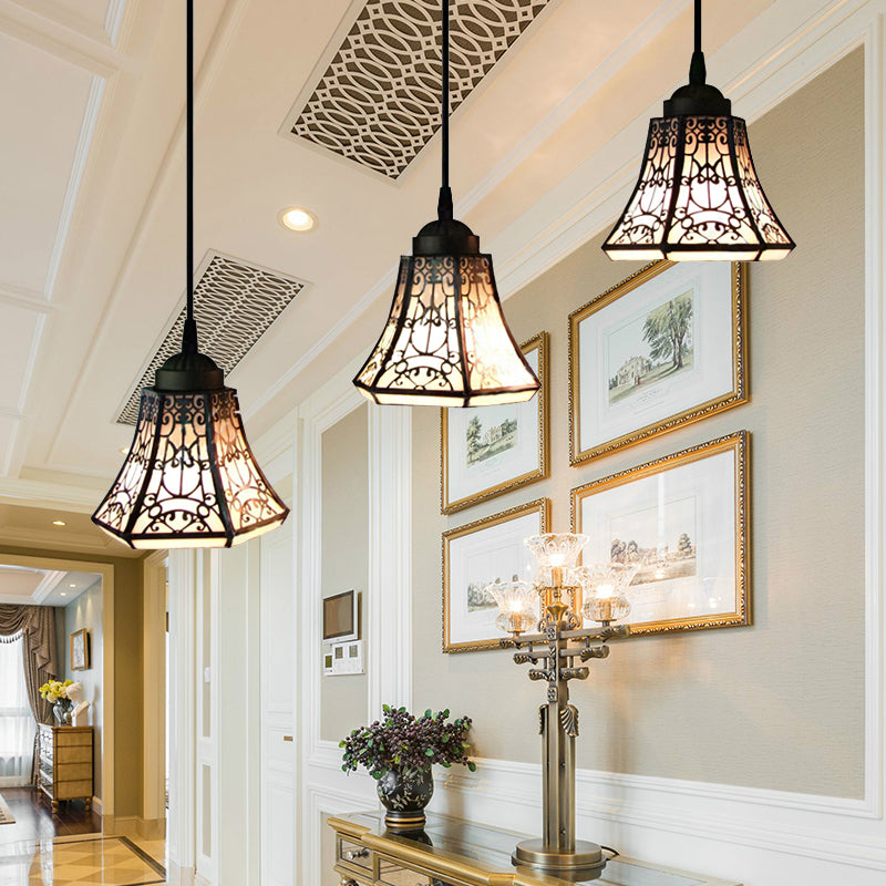 Tiffany Bell Pendant Light Fixture - Stained Art Glass Down Lighting 3 Heads Black & White Ideal