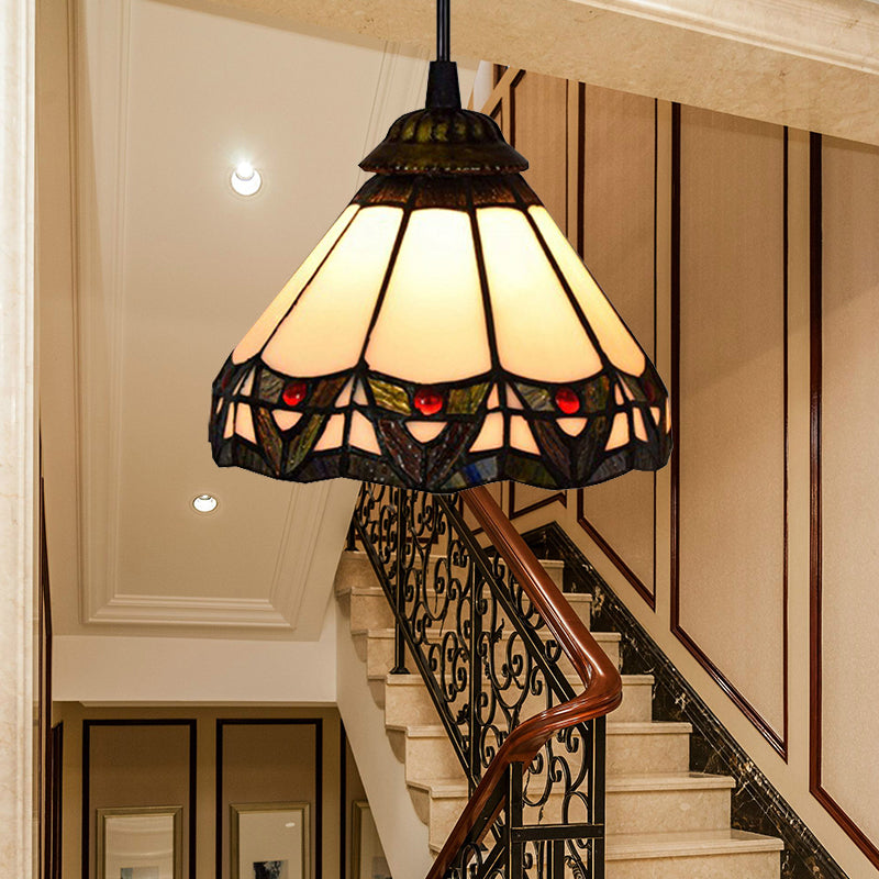 Tiffany Beige Stained Glass Ceiling Pendant Light - Wide Flare Down Lighting For Stairway
