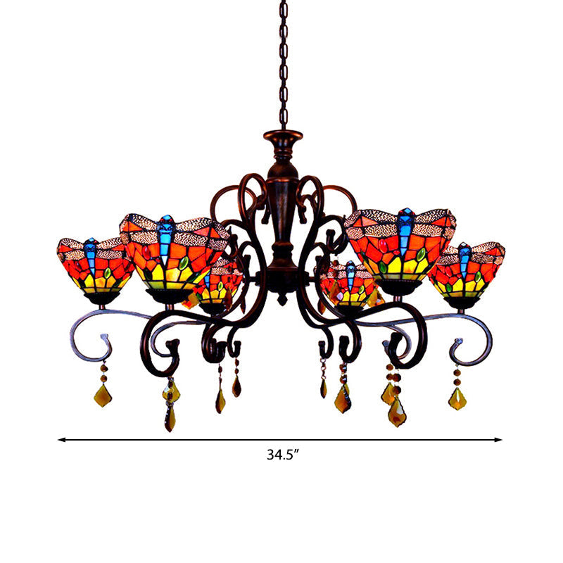 Tiffany Dragonfly Chandelier - Stained Glass Pendant With 6 Red Lights