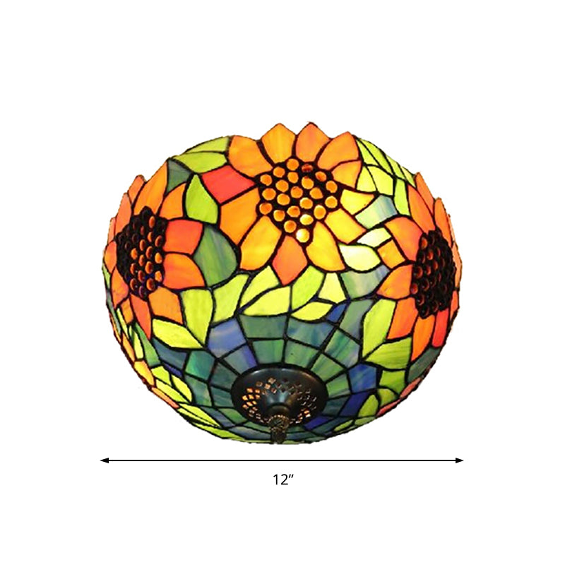 Orange Bowl Stained Glass Ceiling Light Fixture - Splendid Flushmount With Flower Pattern For