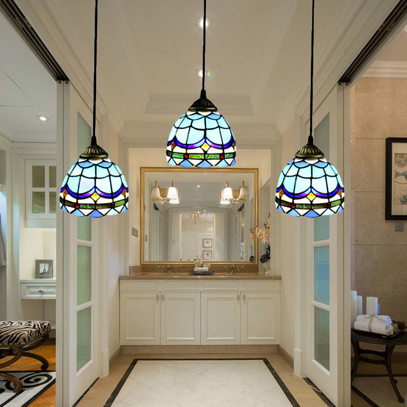 Vintage Stained Glass Pendant: Bowl Ceiling Fixture With 3 Blue Decorative Lights / Linear