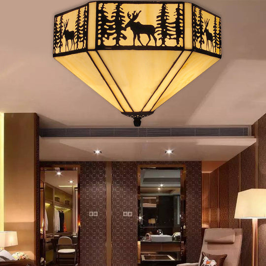 Retro Style Geometric Stained Glass Flush Mount Ceiling Light In White - Elegant 1/2 Flushmount / 11