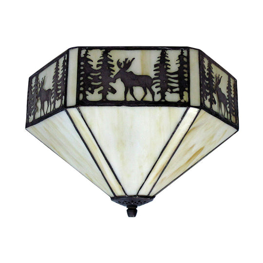 Retro Style Geometric Stained Glass Flush Mount Ceiling Light In White - Elegant 1/2 Flushmount