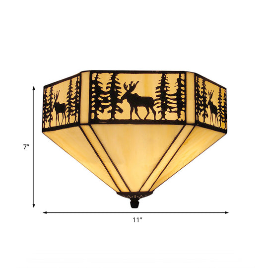 Retro Style Geometric Stained Glass Flush Mount Ceiling Light In White - Elegant 1/2 Flushmount