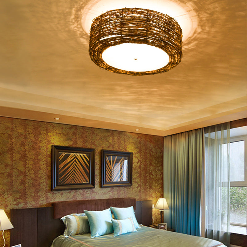Modern 3-Light Rattan Flush Mount Ceiling Lamp - Hand-Woven Round Shade In Brown 16’/19.5’