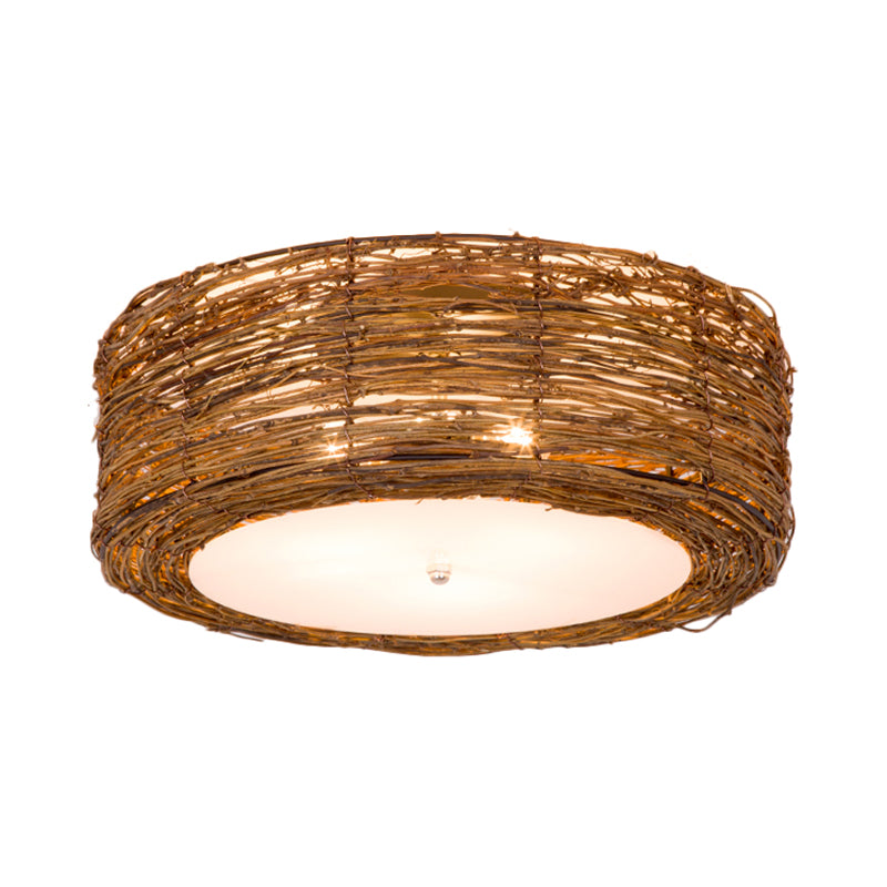 Modern 3-Light Rattan Flush Mount Ceiling Lamp - Hand-Woven Round Shade In Brown 16’/19.5’