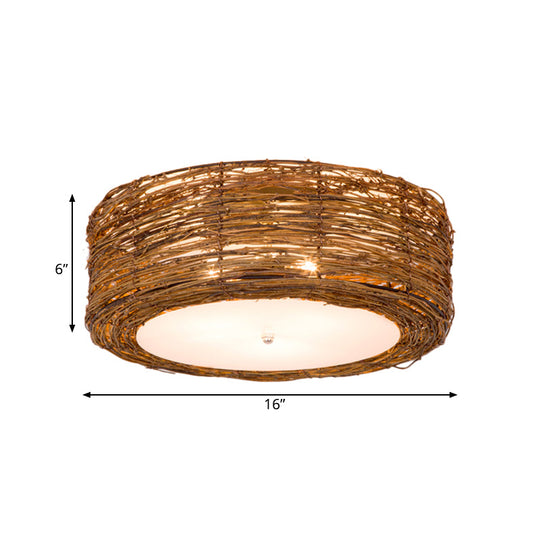 Modern 3-Light Rattan Flush Mount Ceiling Lamp - Hand-Woven Round Shade In Brown 16’/19.5’