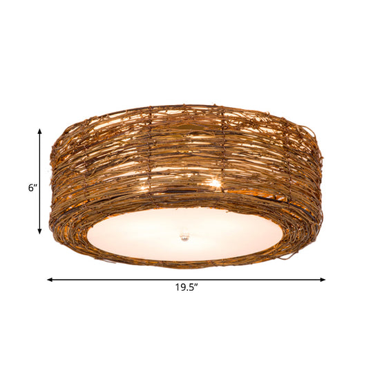 Modern 3-Light Rattan Flush Mount Ceiling Lamp - Hand-Woven Round Shade In Brown 16’/19.5’