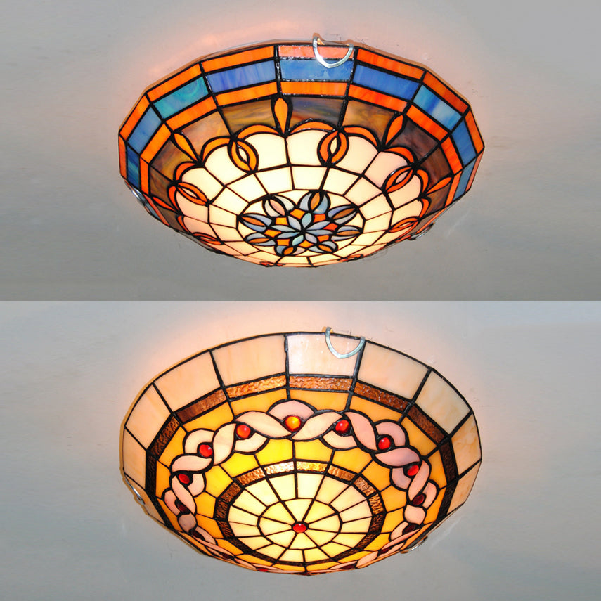 Baroque Stained Glass Flushmount Light: Blue/Yellow Bowl Ceiling Light For Living Room