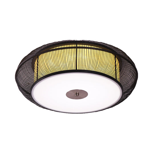 Asian Style Round Bamboo Shade Ceiling Light - 3/4 Lights Black/Wood Fixture For Bedroom 18’/22’ Dia