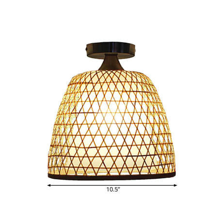 Lodge Style Bamboo Bucket Shade Semi Flush Light - Stylish Beige Ceiling Lighting For Corridor