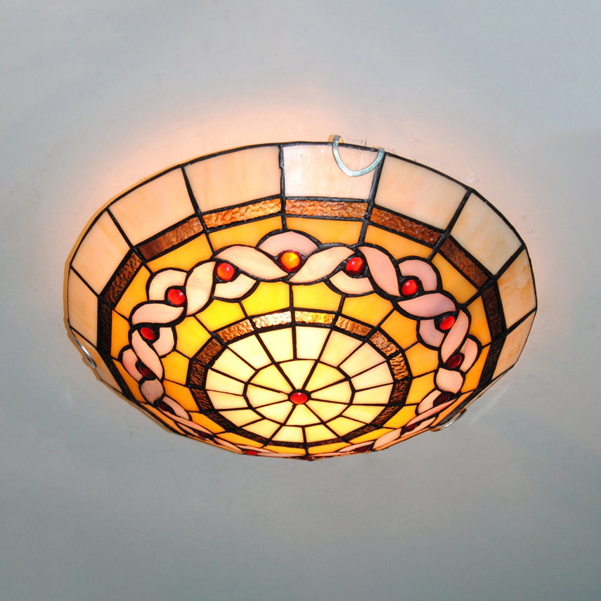 Baroque Stained Glass Flushmount Light: Blue/Yellow Bowl Ceiling Light For Living Room Yellow