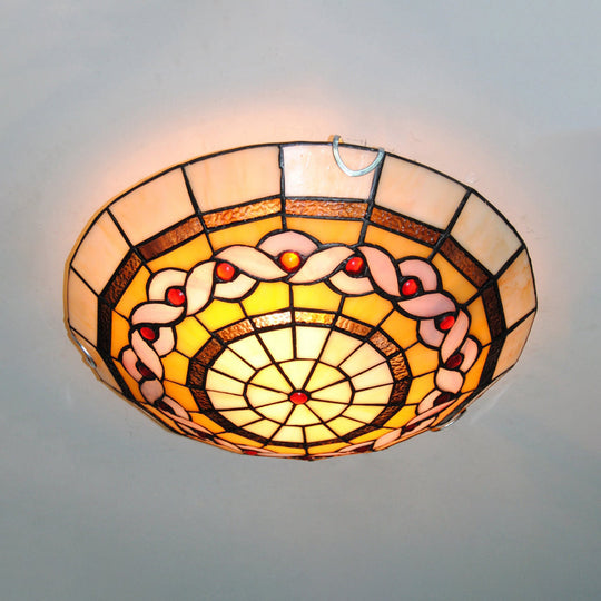 Baroque Stained Glass Flushmount Light: Blue/Yellow Bowl Ceiling Light For Living Room Yellow