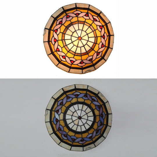 Baroque Stained Glass Flushmount Light: Blue/Yellow Bowl Ceiling Light For Living Room