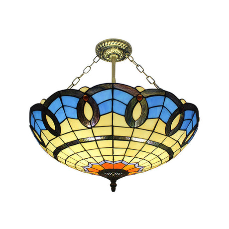 Tiffany Stained Glass Semi Flush Mount Ceiling Light In Antique Bronze - 3 Lights
