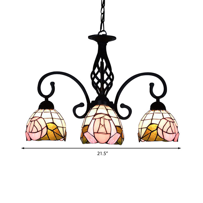 Retro Style Stained Glass Floral Chandelier - 3-Light Domed Fixture In Pink