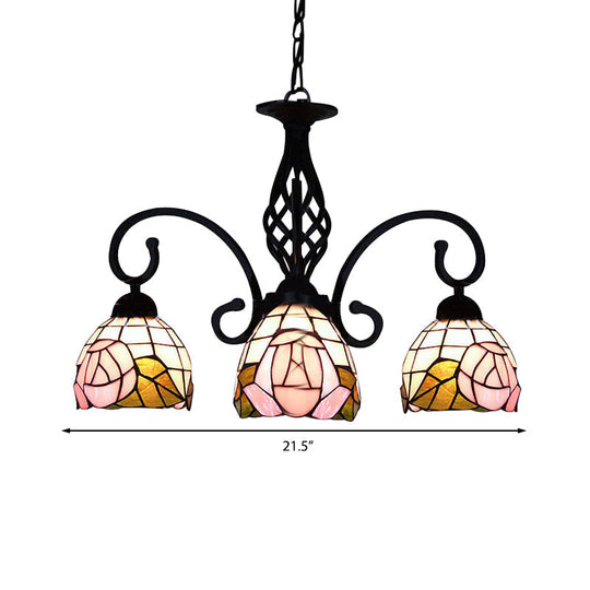 Retro Style Stained Glass Floral Chandelier - 3-Light Domed Fixture In Pink