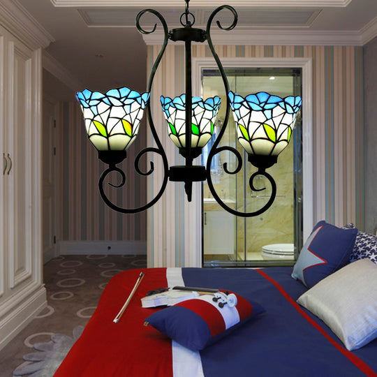 Rustic Blue Stained Glass Chandelier With Flared Pendant Lighting – Perfect For Living Room