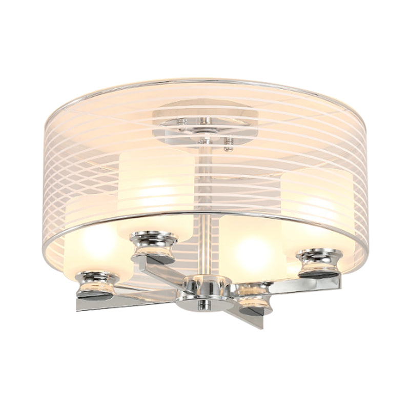Contemporary White Glass Semi Flush Mount Ceiling Lamp - 4 Lights Chrome Fixture With Band Shade
