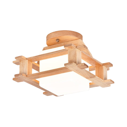 Modernist Wood Square Semi Flush Mount With White Glass Shade - 1 - Light Beige Lamp Fixture