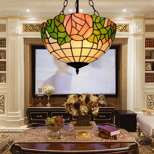 Tiffany Style Pink Stainless Glass Pendant Light - 2/3 Lights Bowl Hanging Suspension Lighting For