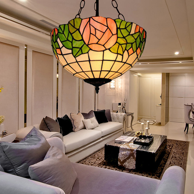 Tiffany Style Pink Stainless Glass Pendant Light - 2/3 Lights Bowl Hanging Suspension Lighting For