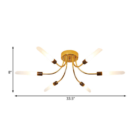 Contemporary Metal Sputnik Semi Flush Mount Lamp With White Glass Tube Shade - 6/8 Led Gold Lights