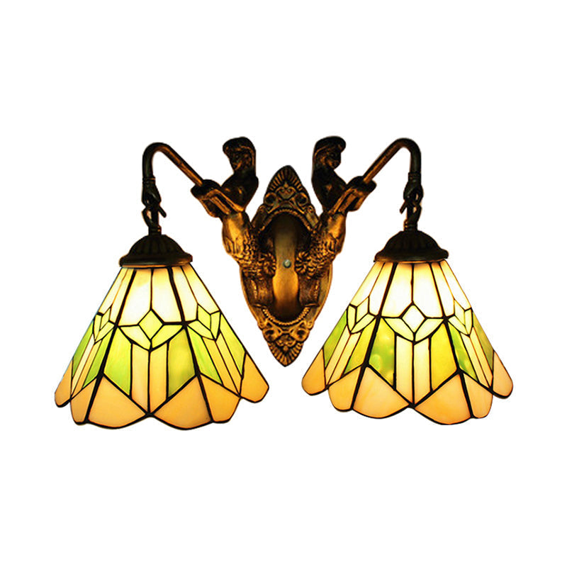 Tiffany Green And White Glass Conical Wall Sconce Light With Aged Brass Finish - 2 Head Fixture