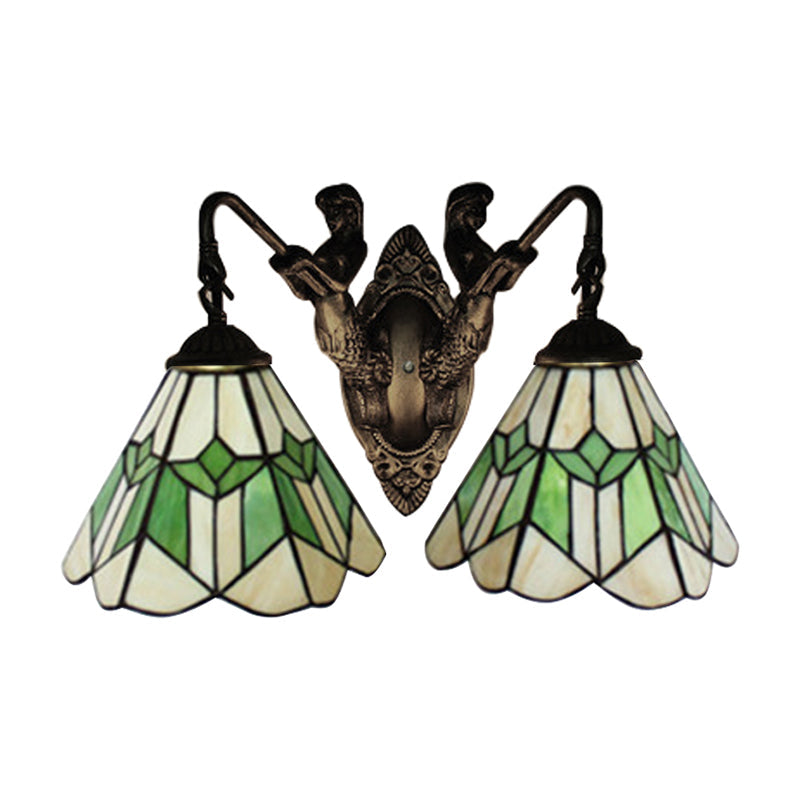 Tiffany Green And White Glass Conical Wall Sconce Light With Aged Brass Finish - 2 Head Fixture