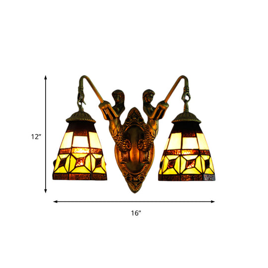 Tiffany Cone Beige Glass Wall Sconce - Antique Brass Finish Dual-Headed Lighting Fixture