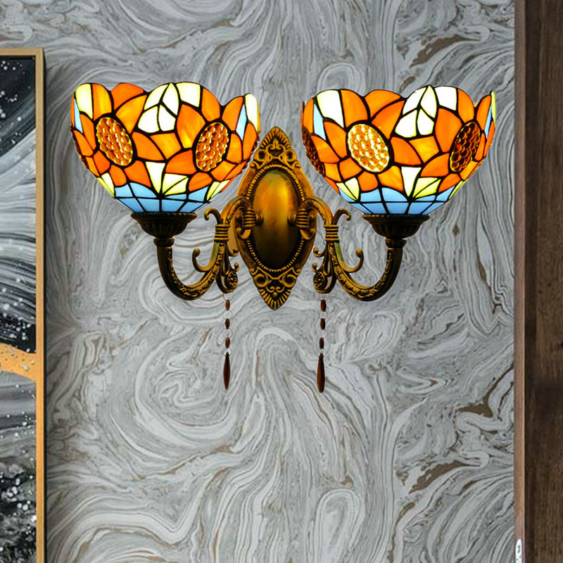 Sunflower Stained Glass Wall Light Fixture - 2-Light Mount For A Country Look