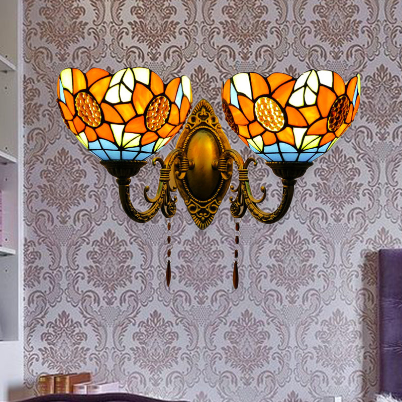 Sunflower Stained Glass Wall Light Fixture - 2-Light Mount For A Country Look