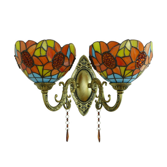 Sunflower Stained Glass Wall Light Fixture - 2-Light Mount For A Country Look