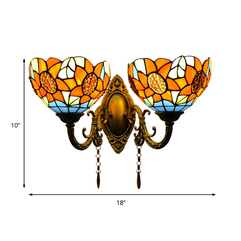 Sunflower Stained Glass Wall Light Fixture - 2-Light Mount For A Country Look