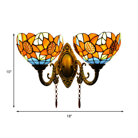 Sunflower Stained Glass Wall Light Fixture - 2-Light Mount For A Country Look