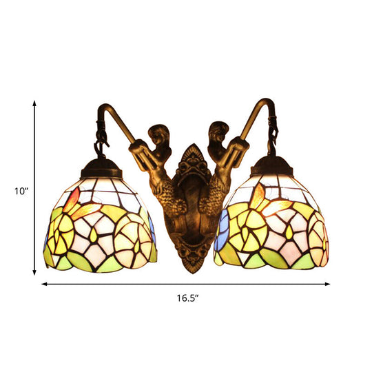 Tiffany Dragonfly/Butterfly Multicolor Glass Bowl Wall Mount Light - 2 Head Bronze Sconce