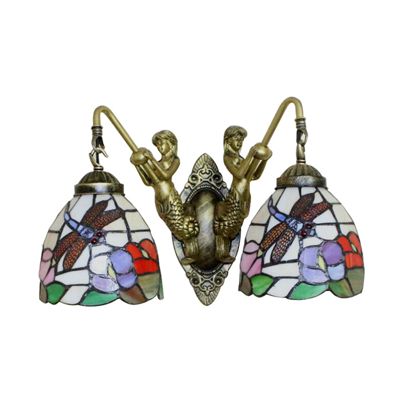 Tiffany Dragonfly/Butterfly Multicolor Glass Bowl Wall Mount Light - 2 Head Bronze Sconce
