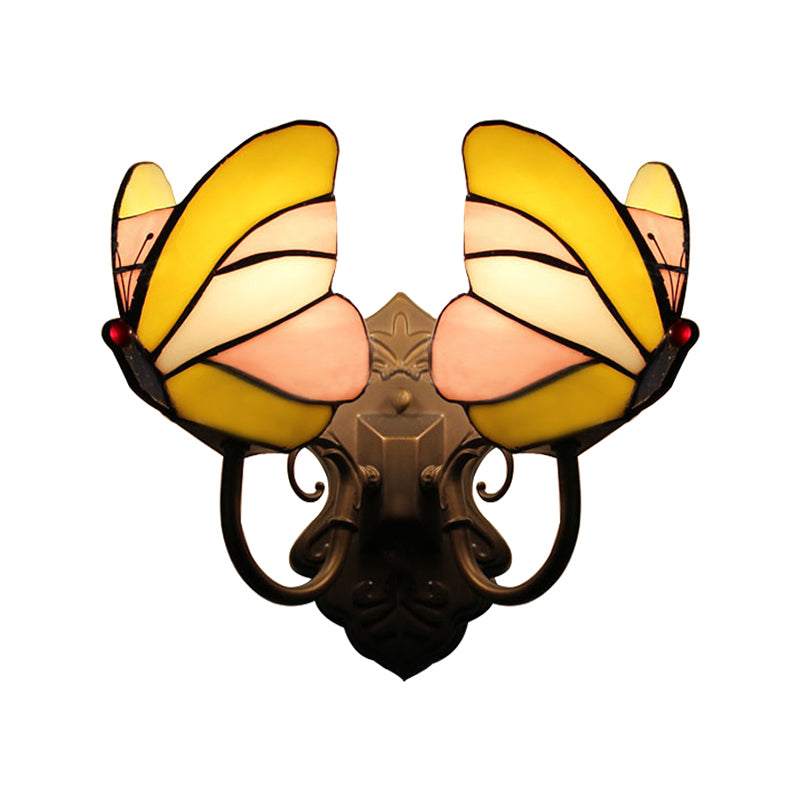Stained Glass Butterfly Wall Sconce With Dual Lights For Living Room Décor