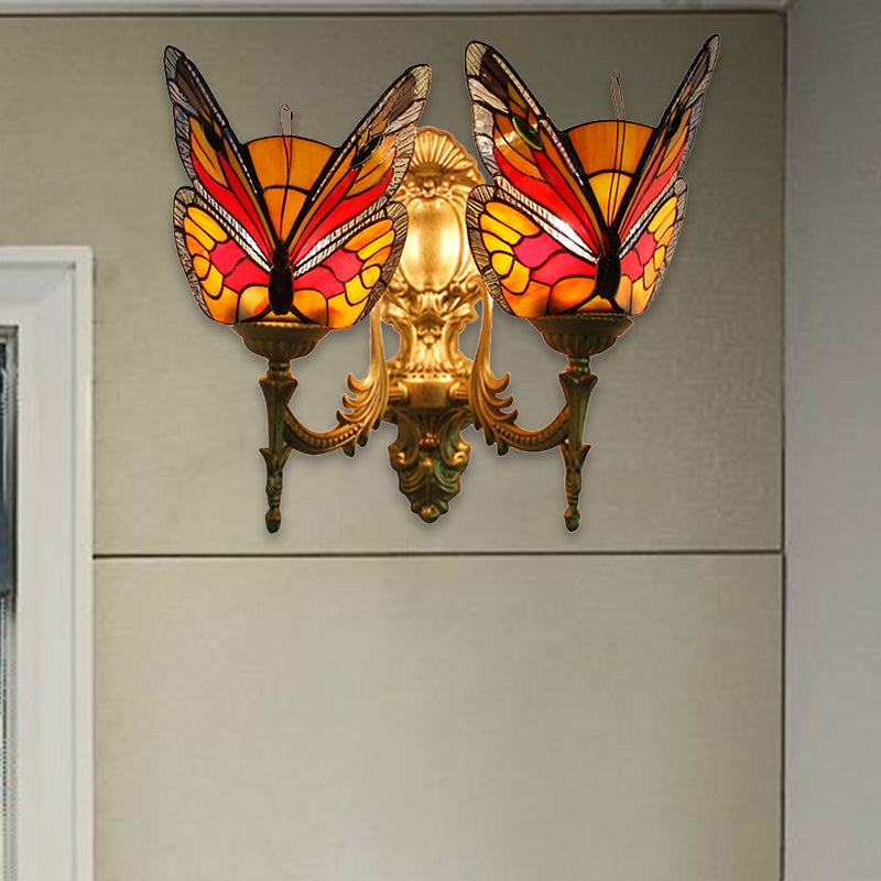 Retro Style Stained Glass Butterfly Wall Sconce - Colorful 2-Light Fixture For Stairway