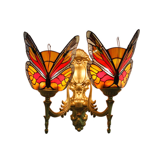 Retro Style Stained Glass Butterfly Wall Sconce - Colorful 2-Light Fixture For Stairway