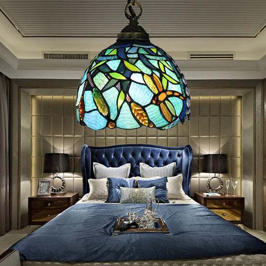 Aqua Hand Cut Glass Domed Hanging Lamp With Dragonfly Pattern - Mediterranean Pendant Light