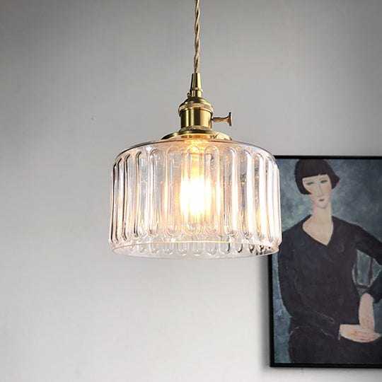 Modern Drum Pendant Light: Stylish Fluted Glass Hanging Lamp For Gallery Clear