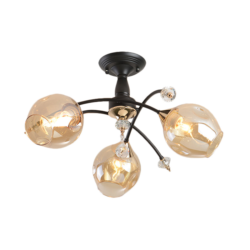Semi Flush Mount Bedroom Light With Amber/Blue Glass Shade - Modernist Black Led Ceiling Fixture