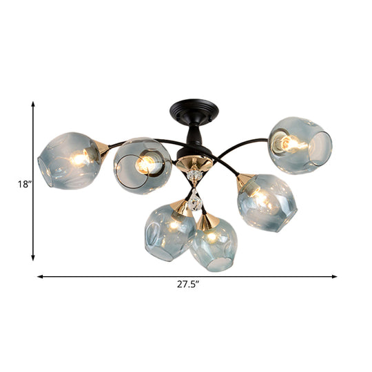 Semi Flush Mount Bedroom Light With Amber/Blue Glass Shade - Modernist Black Led Ceiling Fixture