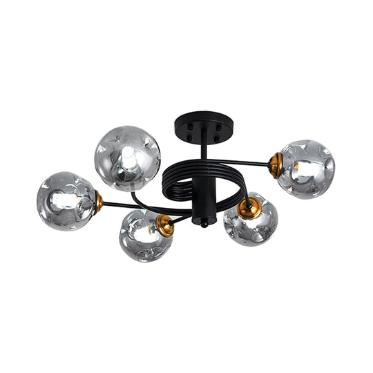 Sleek Black Modernist Semi-Flush Ceiling Light With Amber/Smoke Dimpled Glass Shades - Perfect For