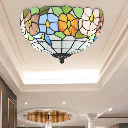 Tiffany Stained Glass Flush Mount Lighting With Flower And Butterfly Pattern In White - Bowl Shade /