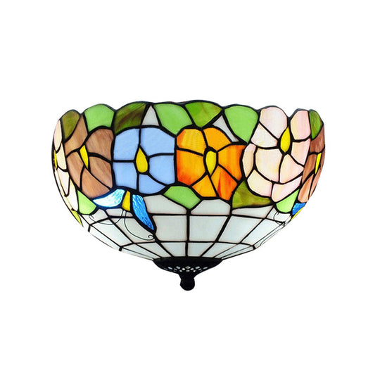Tiffany Stained Glass Flush Mount Lighting With Flower And Butterfly Pattern In White - Bowl Shade