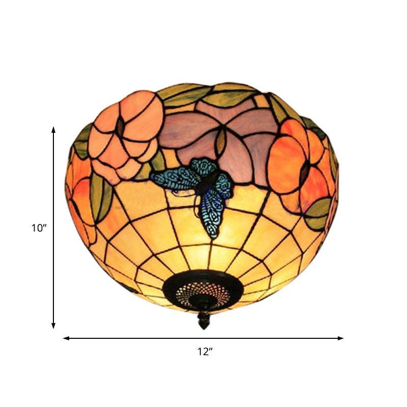 Tiffany Stained Glass Flush Mount Lighting With Flower And Butterfly Pattern In White - Bowl Shade