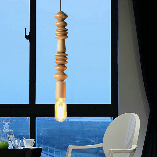 Japanese Style Bare Bulb Hanging Lamp - Wooden Deco Single Light Pendant In Beige Ideal For Kitchen