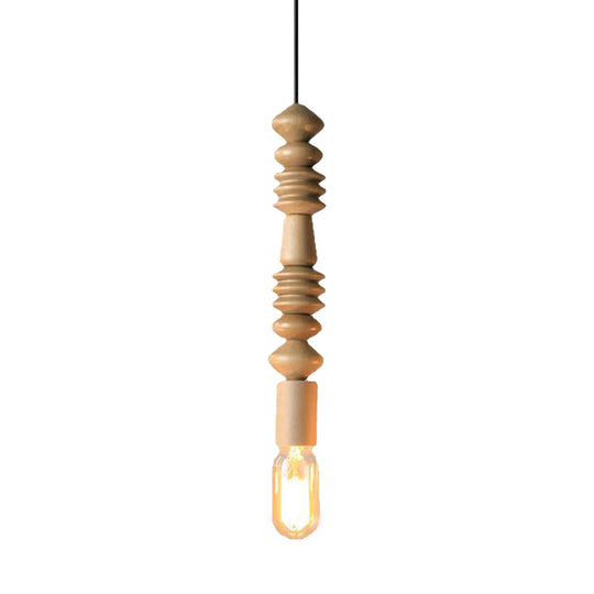 Japanese Style Bare Bulb Hanging Lamp - Wooden Deco Single Light Pendant In Beige Ideal For Kitchen